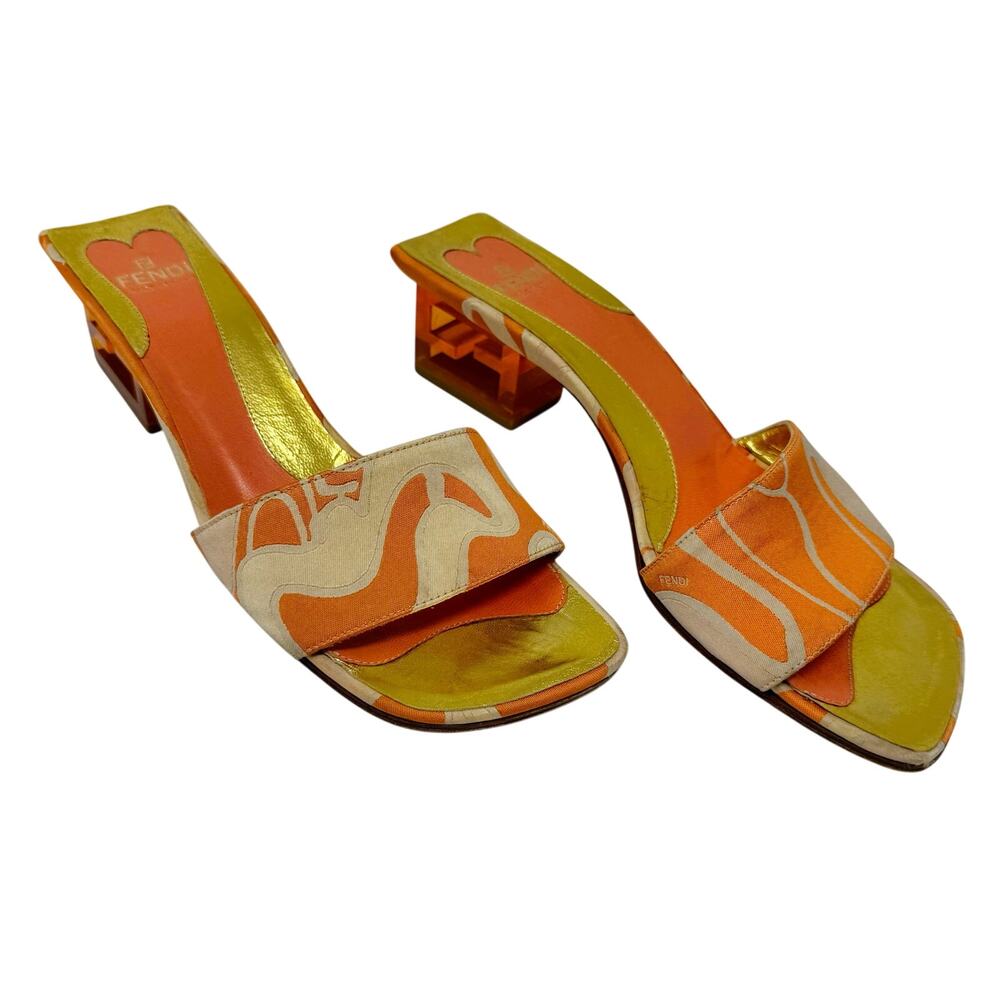 Fendi Vintage Y2K Orange Satin Swirl Lucite FF Logo Block Heel Mules 37 Italy